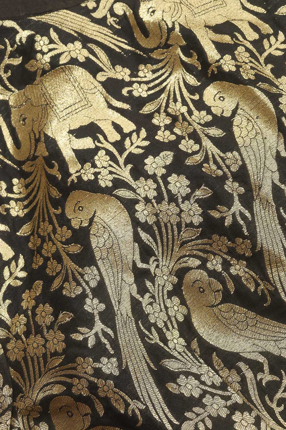 Black Banarasi Silk 3/4 Sleeves Collar Neck Padded Parrot And Elephant Design Blouse - Luxurion World