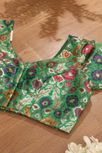 Green Banarasi KimKhwab Silk V Neck Non Padded Flower Design Blouse - Luxurion World