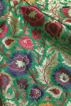 Green Banarasi KimKhwab Silk V Neck Non Padded Flower Design Blouse - Luxurion World