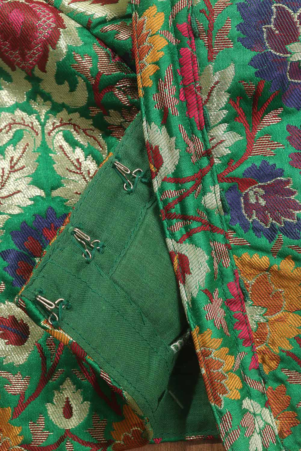 Green Banarasi KimKhwab Silk V Neck Non Padded Flower Design Blouse - Luxurion World