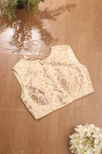 Off White Banarasi Kimkhwab Sleeveless Round Neck Padded Blouse - Luxurion World