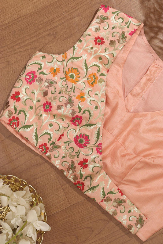 Peach Pink Pure Silk Non Padded KimKhwab Overlay Design Blouse - Luxurion World