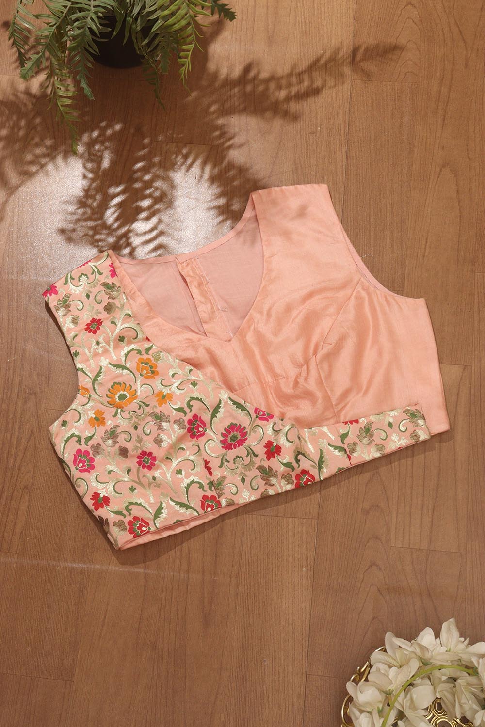 Peach Pink Pure Silk Non Padded KimKhwab Overlay Design Blouse - Luxurion World
