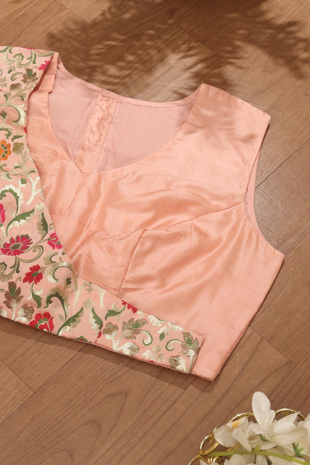 Peach Pink Pure Silk Non Padded KimKhwab Overlay Design Blouse - Luxurion World