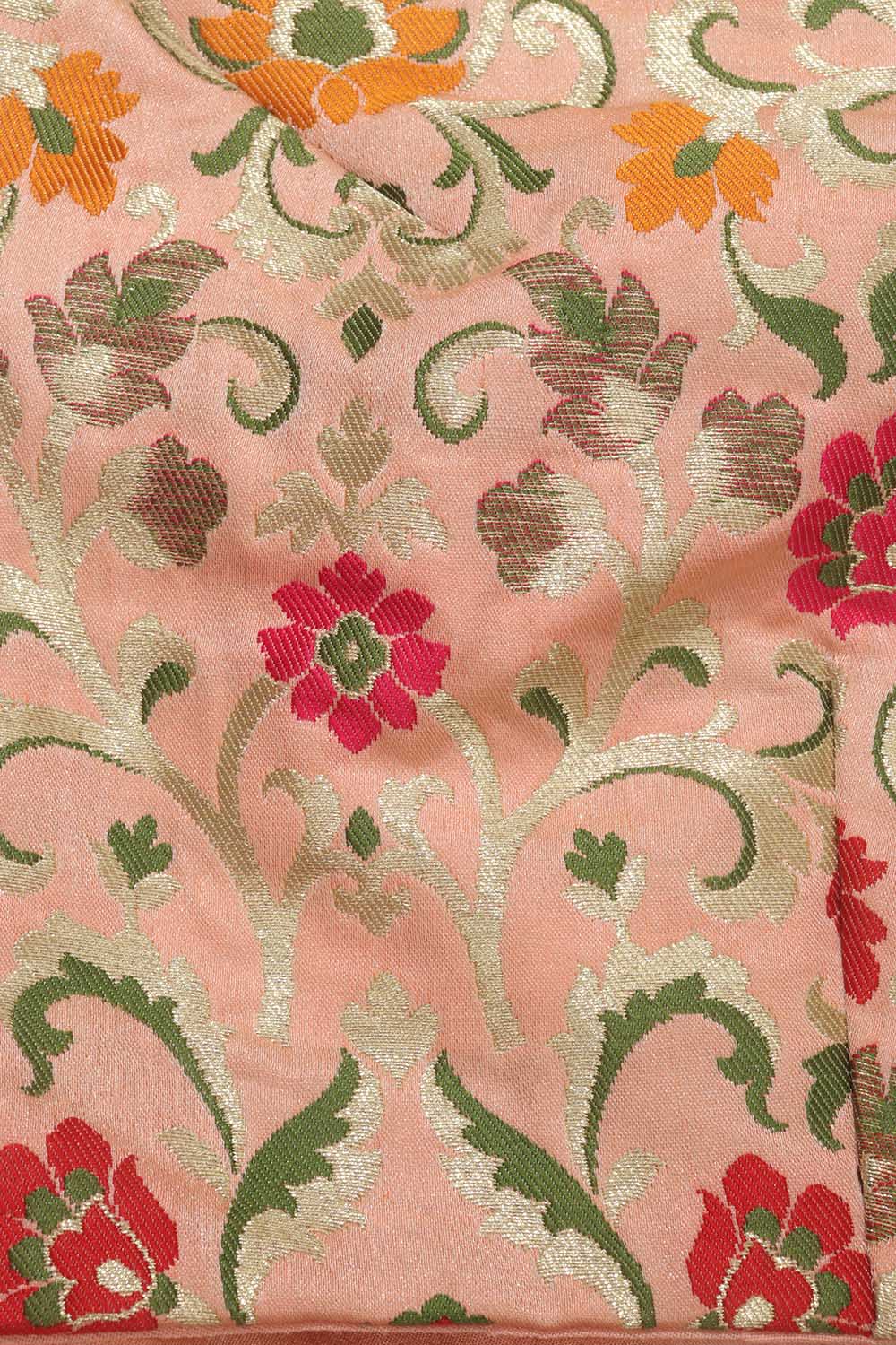 Peach Pink Pure Silk Non Padded KimKhwab Overlay Design Blouse - Luxurion World