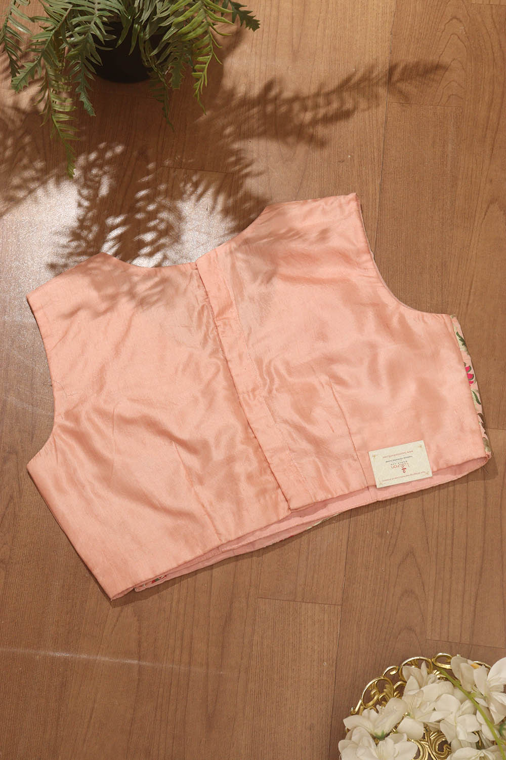 Peach Pink Pure Silk Non Padded KimKhwab Overlay Design Blouse - Luxurion World
