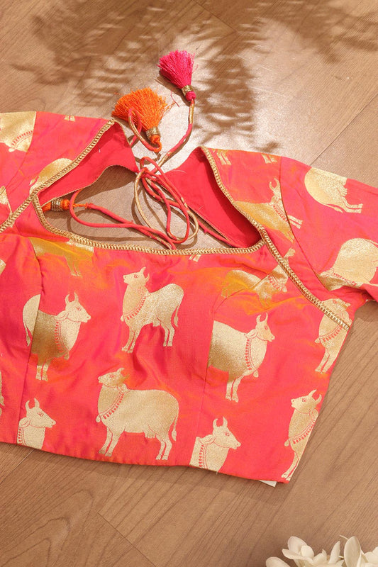 Pink Handloom Banarasi Silk Boat Neck Padded Cow Design Blouse - Luxurion World