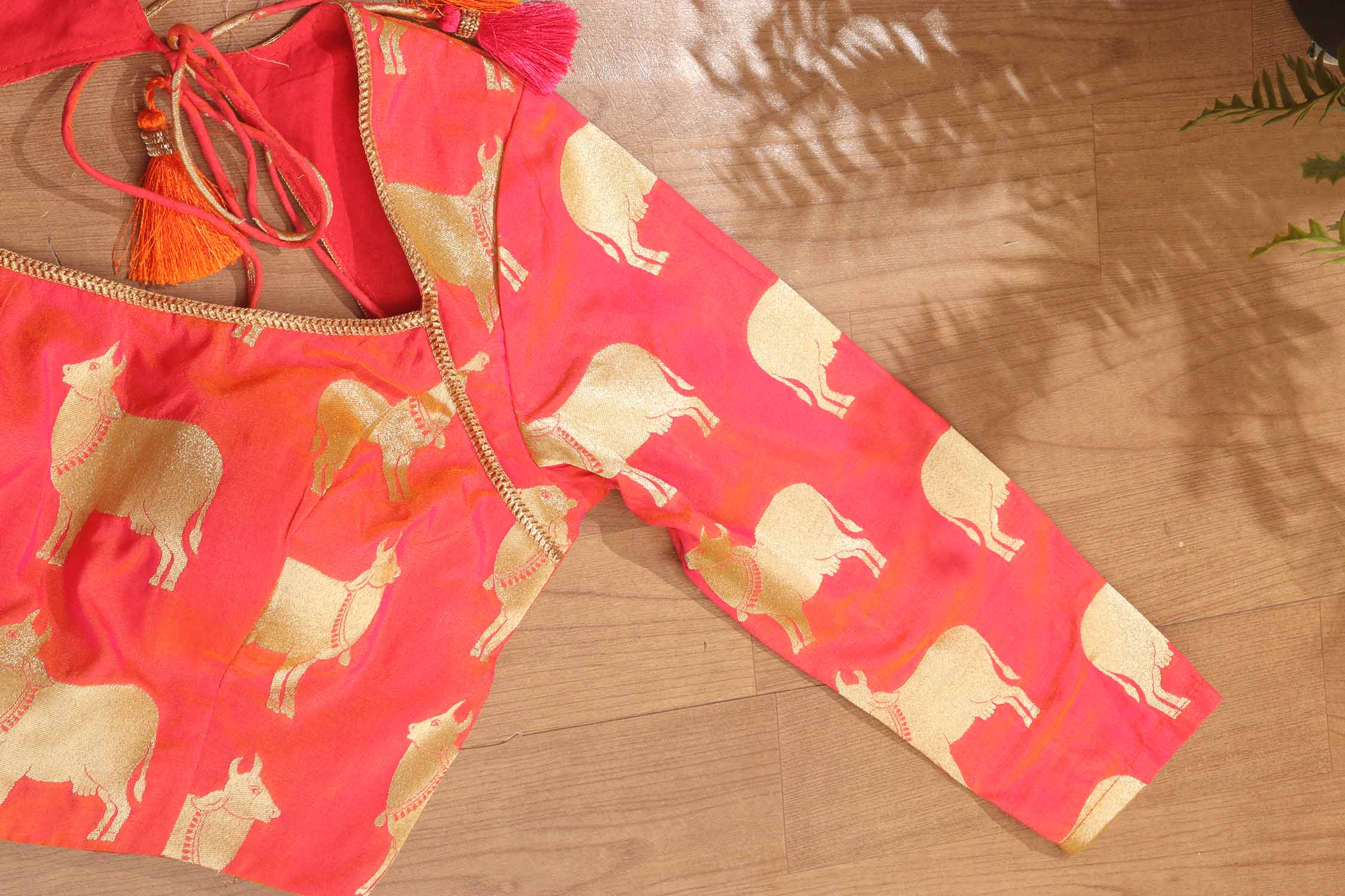 Pink Handloom Banarasi Silk Boat Neck Padded Cow Design Blouse - Luxurion World