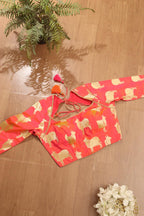 Pink Handloom Banarasi Silk Boat Neck Padded Cow Design Blouse - Luxurion World