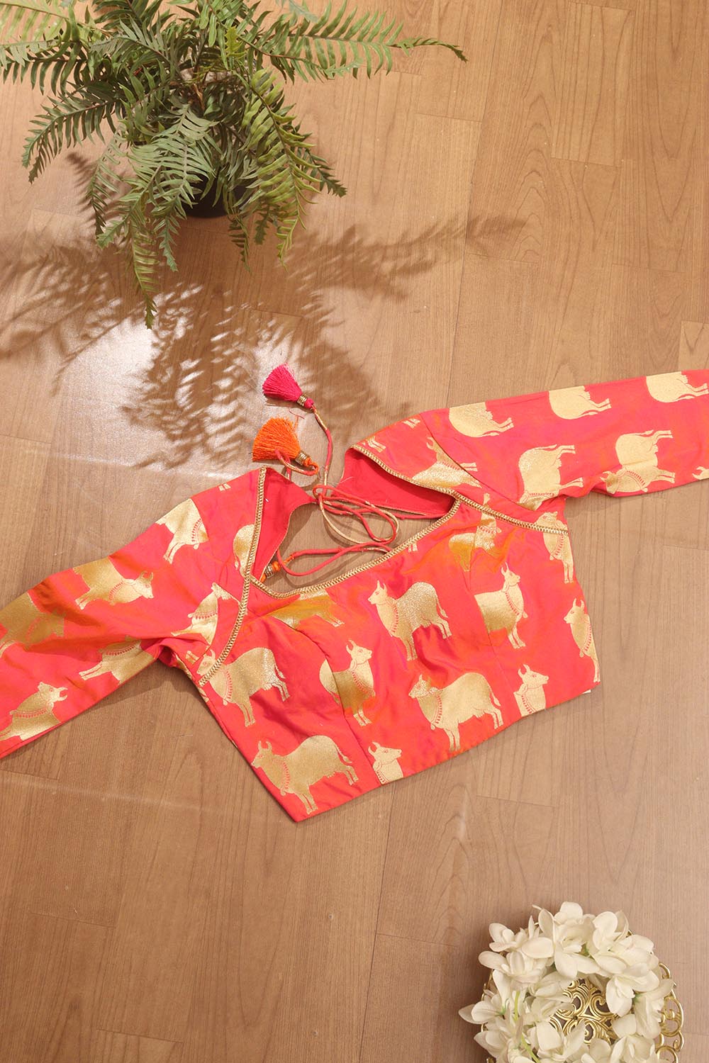 Pink Handloom Banarasi Silk Boat Neck Padded Cow Design Blouse - Luxurion World