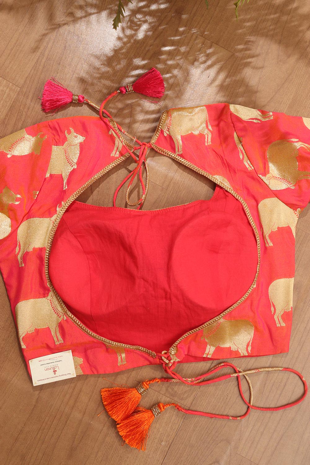 Pink Handloom Banarasi Silk Boat Neck Padded Cow Design Blouse - Luxurion World