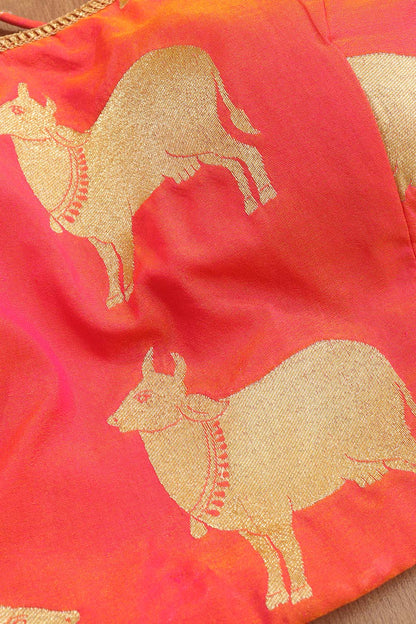 Pink Handloom Banarasi Silk Boat Neck Padded Cow Design Blouse