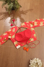 Pink Handloom Banarasi Silk Boat Neck Padded Cow Design Blouse - Luxurion World