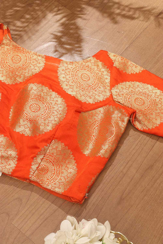 Orange Handloom Banarasi Silk Boat Neck Padded Blouse