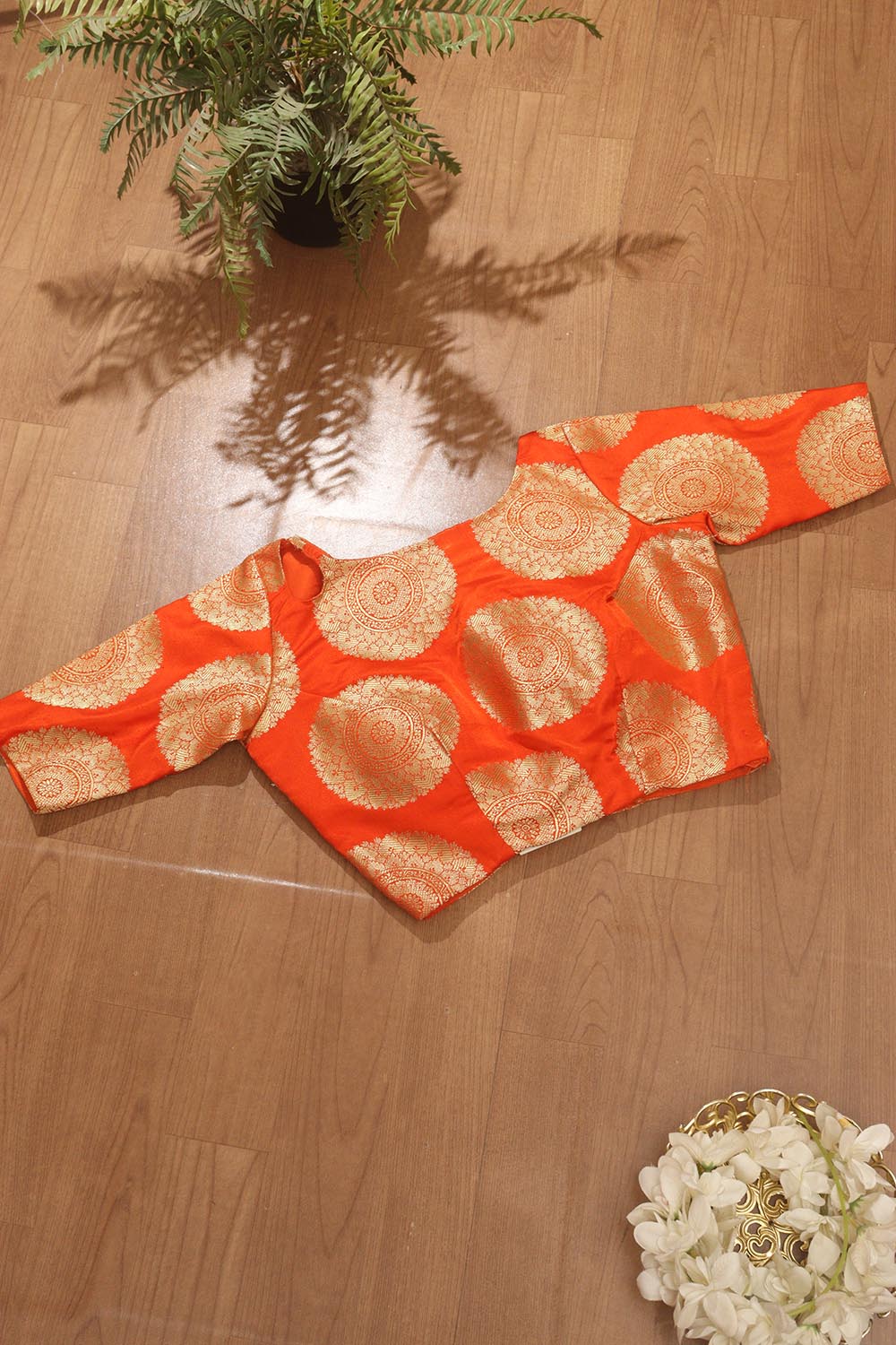 Orange Handloom Banarasi Silk Boat Neck Padded Blouse - Luxurion World