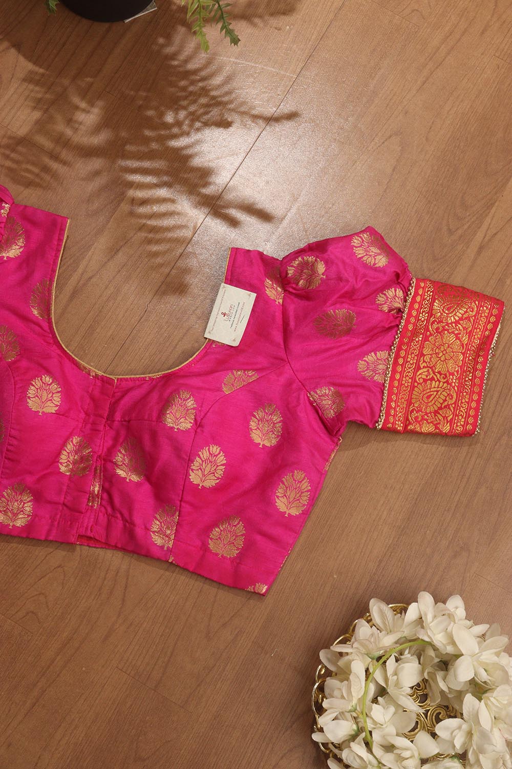 Pink Banarasi Silk U Neck Padded Balloon Sleeve Blouse - Luxurion World