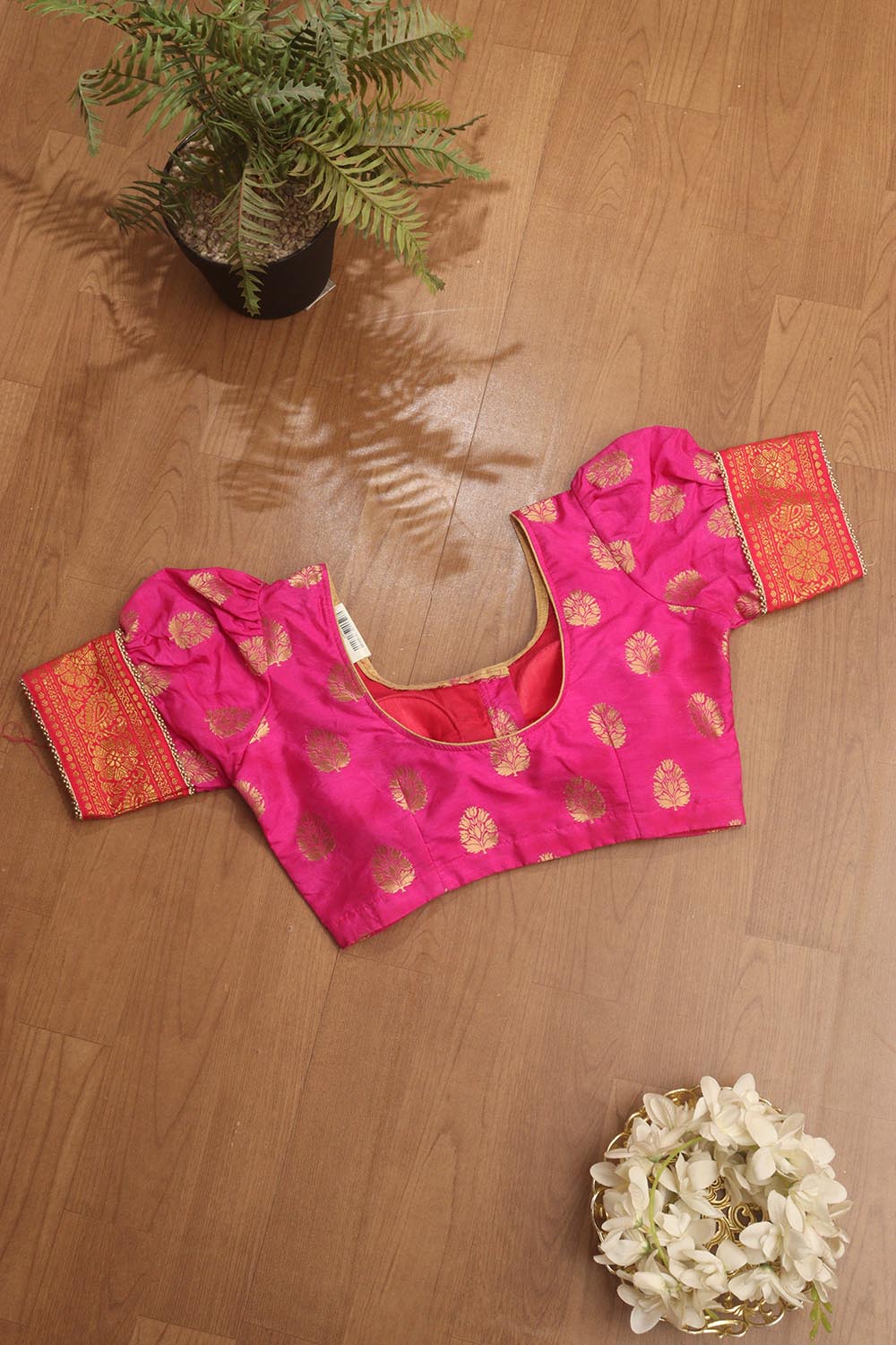 Pink Banarasi Silk U Neck Padded Balloon Sleeve Blouse