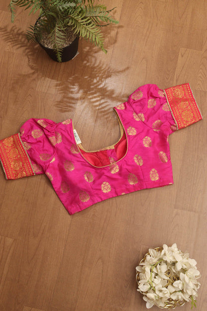 Pink Banarasi Silk U Neck Padded Balloon Sleeve Blouse