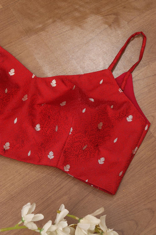 Red Banarasi Silk Tanchui Singlet Padded Blouse - Luxurion World