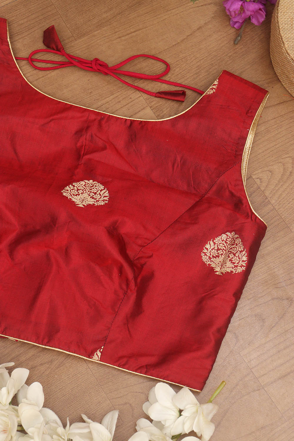 Maroon Banarasi Pure Katan Silk High Round Neck Non Padded Blouse - Luxurion World