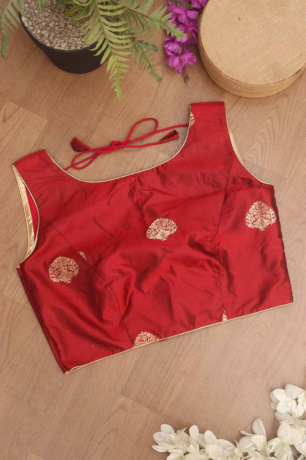 Maroon Banarasi Pure Katan Silk High Round Neck Non Padded Blouse - Luxurion World