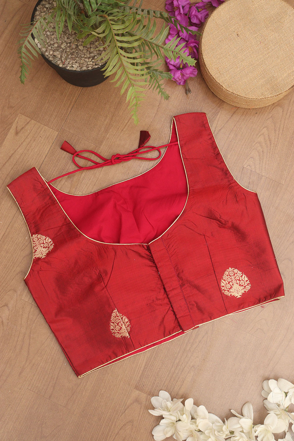 Maroon Banarasi Pure Katan Silk High Round Neck Non Padded Blouse - Luxurion World