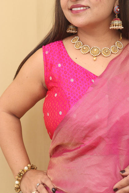 Pink Shot Handloom Banarasi Silk Tanchui Sweetheart Neck Non Padded Blouse - Luxurion World