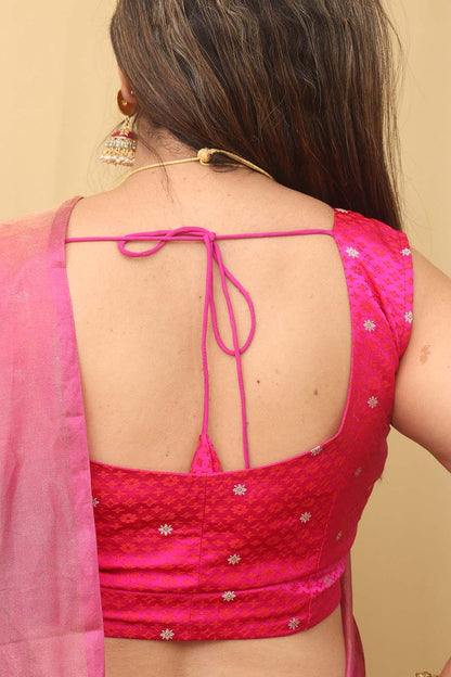 Pink Shot Handloom Banarasi Silk Tanchui Sweetheart Neck Non Padded Blouse - Luxurion World