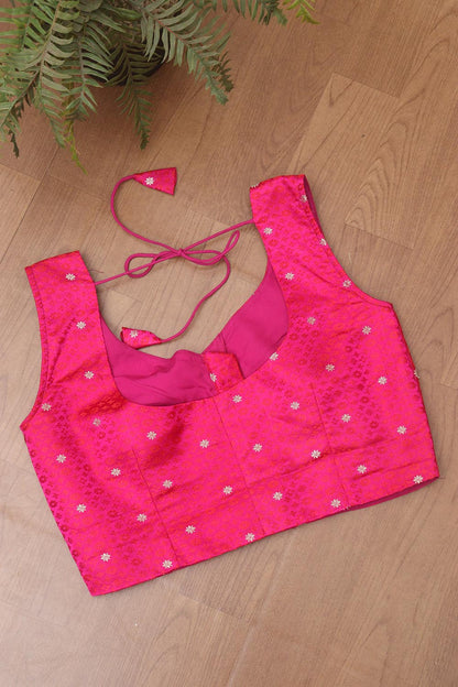 Pink Shot Handloom Banarasi Silk Tanchui Sweetheart Neck Non Padded Blouse - Luxurion World