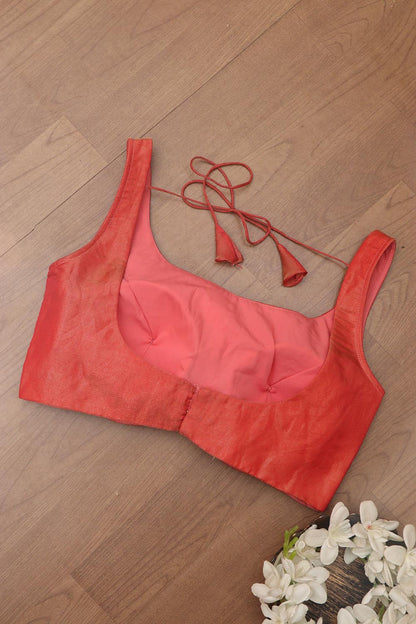 Red And Orange Shot Banarasi Tissue Silk Padded Blouse - Luxurion World