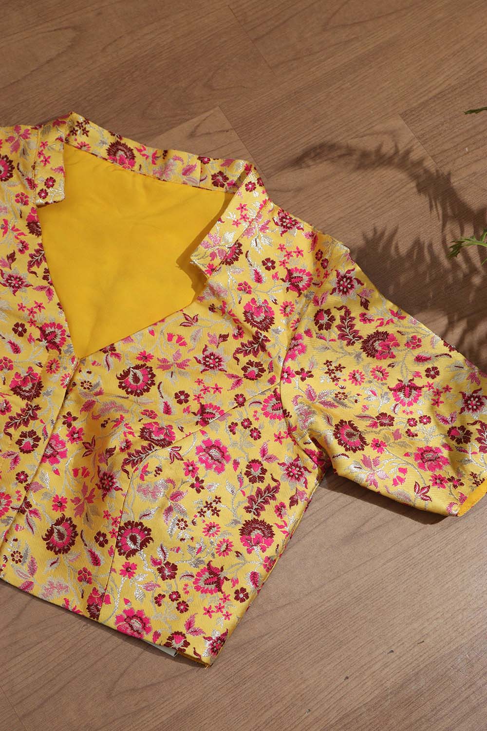 Yellow Banarasi Silk Meenakari Floral Design Collar Neck Blouse - Luxurion World