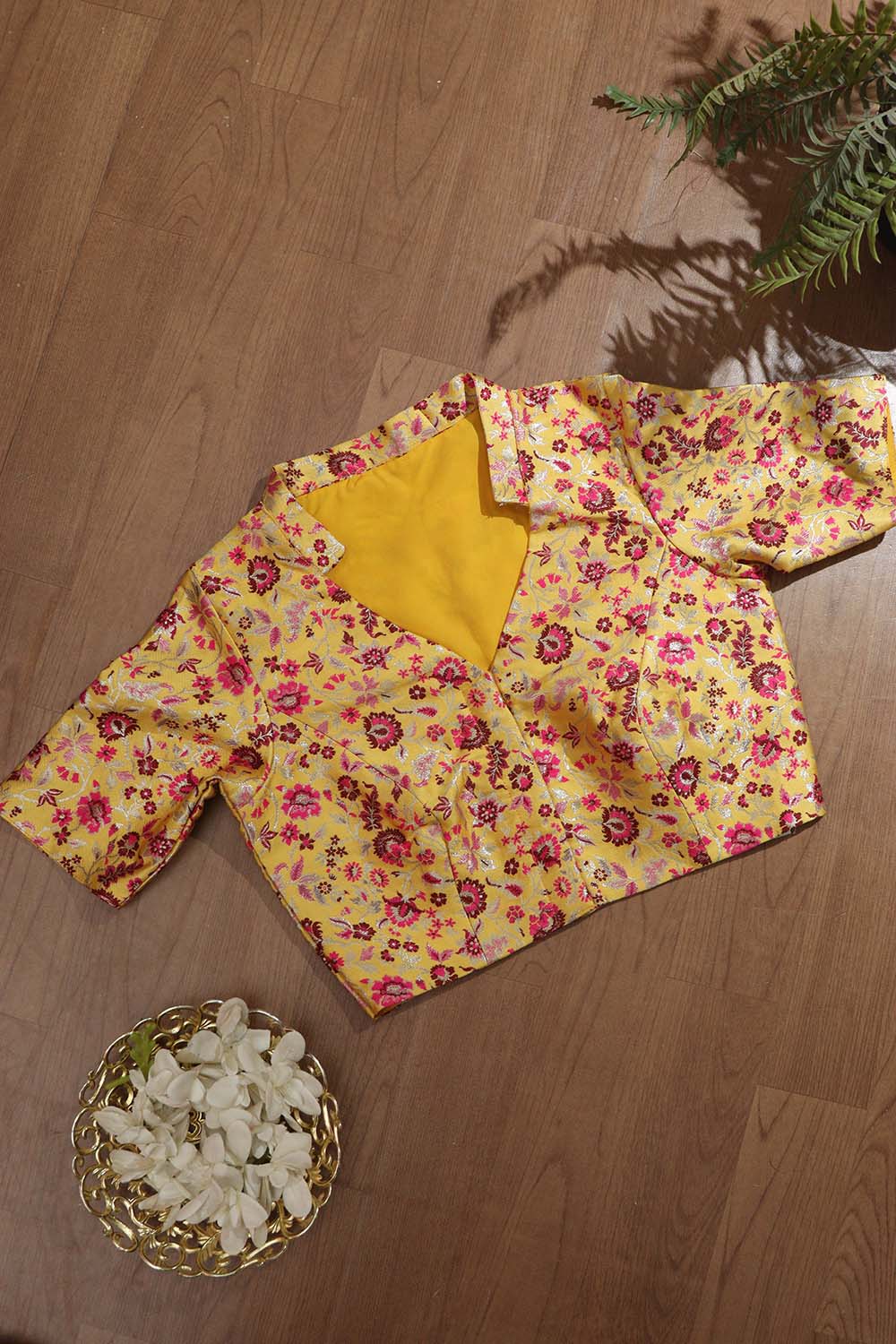 Yellow Banarasi Silk Meenakari Floral Design Collar Neck Blouse - Luxurion World