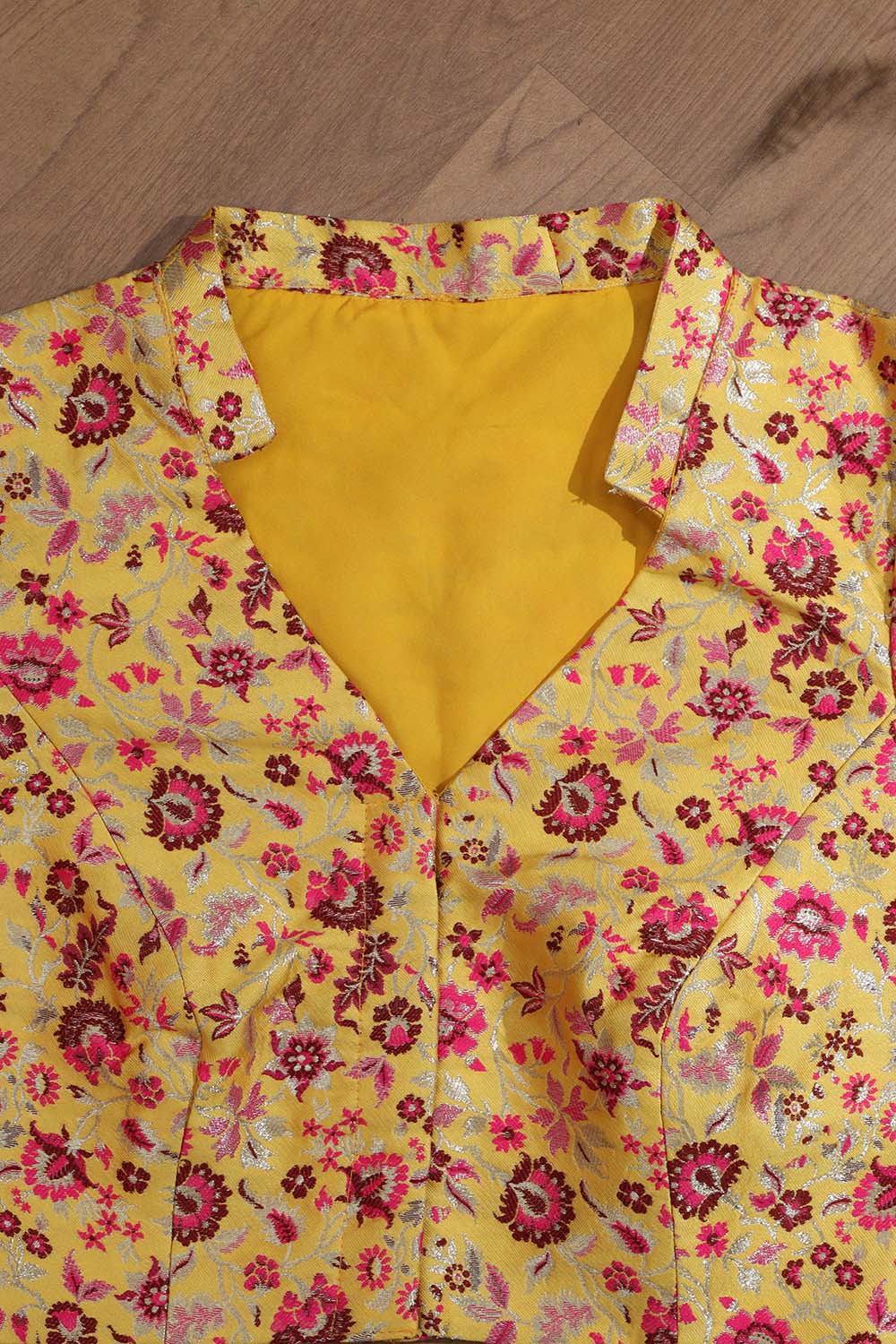 Yellow Banarasi Silk Meenakari Floral Design Collar Neck Blouse - Luxurion World