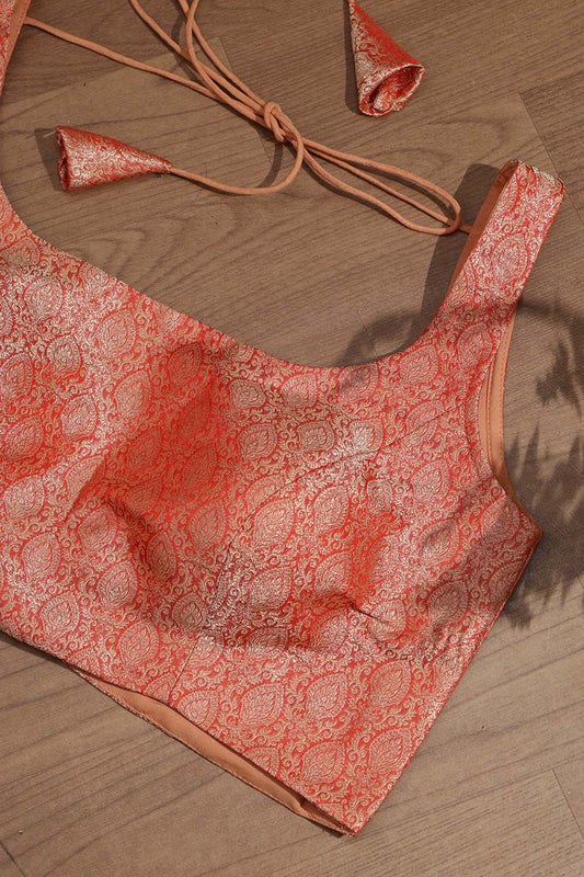 Red Banarasi Brocade Silk Singlet Padded Blouse - Luxurion World