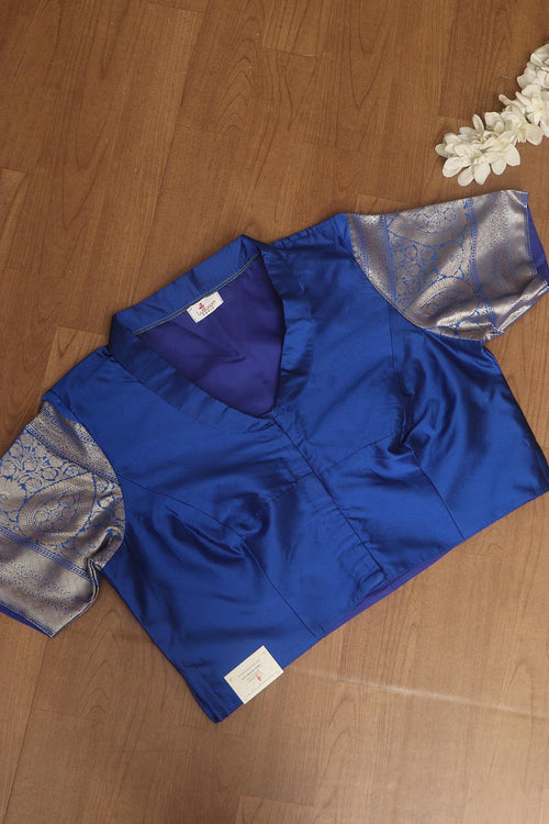 Blue Plain Silk Non Padded Blouse With Banarasi Border - Luxurion World