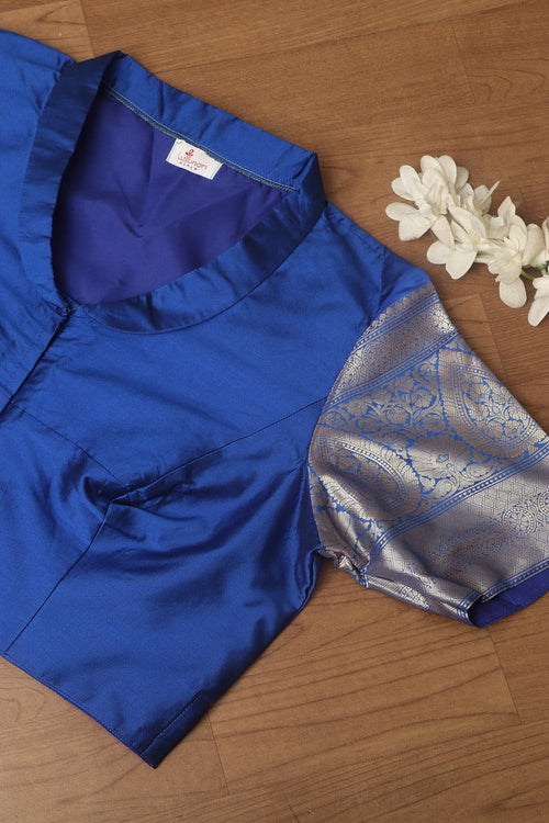 Blue Plain Silk Non Padded Blouse With Banarasi Border - Luxurion World