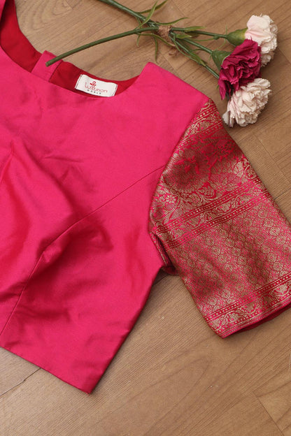 Stunning Pink Plain Silk Non Padded Blouse With Banarasi Border - Luxurion World
