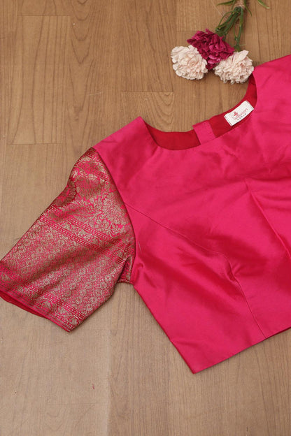 Stunning Pink Plain Silk Non Padded Blouse With Banarasi Border - Luxurion World