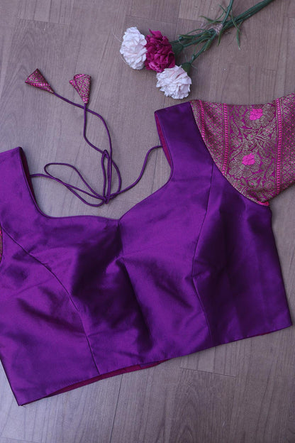 Elegant Purple Plain Silk Non Padded Blouse With Banarasi Border - Luxurion World