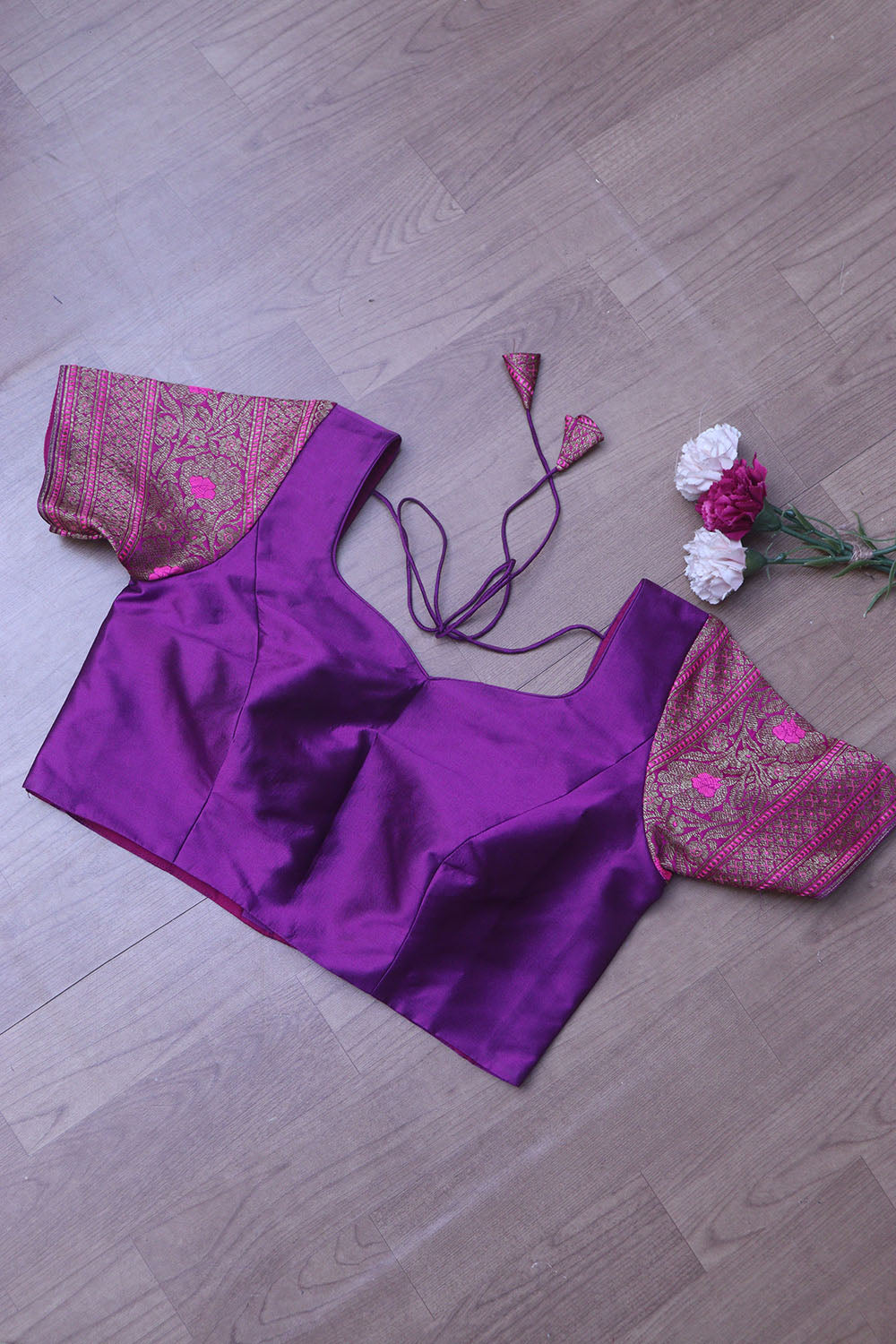 Elegant Purple Plain Silk Non Padded Blouse With Banarasi Border - Luxurion World