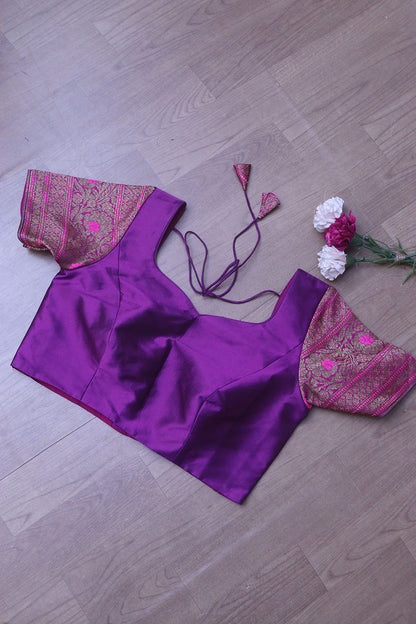 Elegant Purple Plain Silk Non Padded Blouse With Banarasi Border - Luxurion World