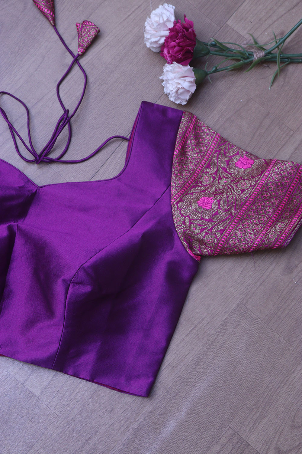 Elegant Purple Plain Silk Non Padded Blouse With Banarasi Border - Luxurion World