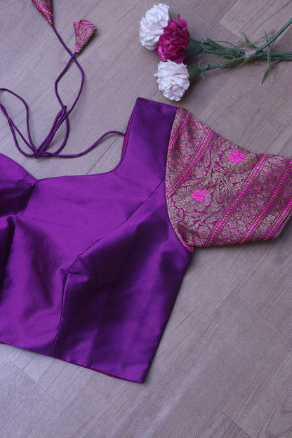 Elegant Purple Plain Silk Non Padded Blouse With Banarasi Border - Luxurion World