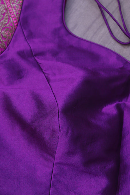 Elegant Purple Plain Silk Non Padded Blouse With Banarasi Border - Luxurion World