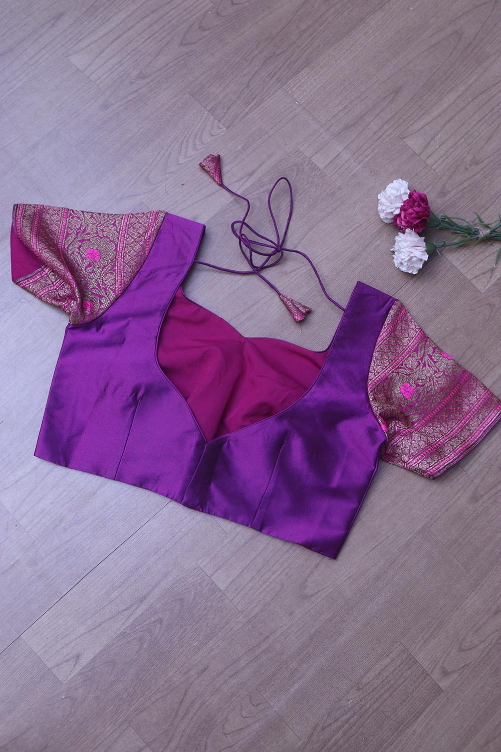 Elegant Purple Plain Silk Non Padded Blouse With Banarasi Border - Luxurion World
