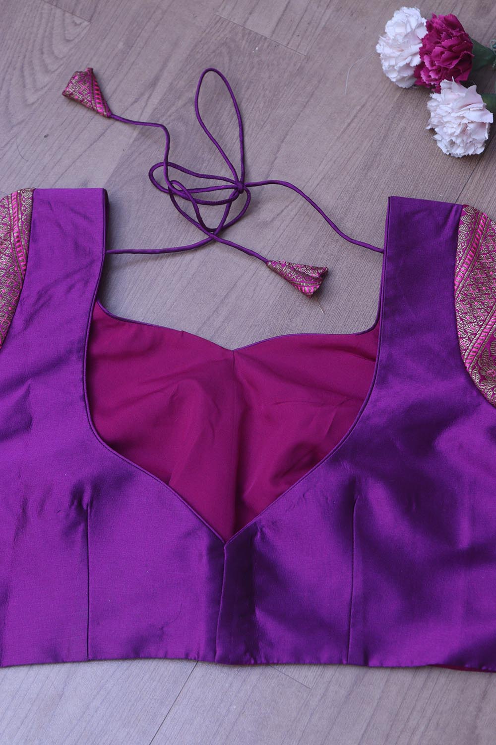 Elegant Purple Plain Silk Non Padded Blouse With Banarasi Border - Luxurion World
