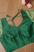 Green Plain Silk Non Padded Blouse With Banarasi Border - Luxurion World