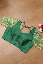 Green Plain Silk Non Padded Blouse With Banarasi Border - Luxurion World