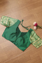 Green Plain Silk Non Padded Blouse With Banarasi Border - Luxurion World