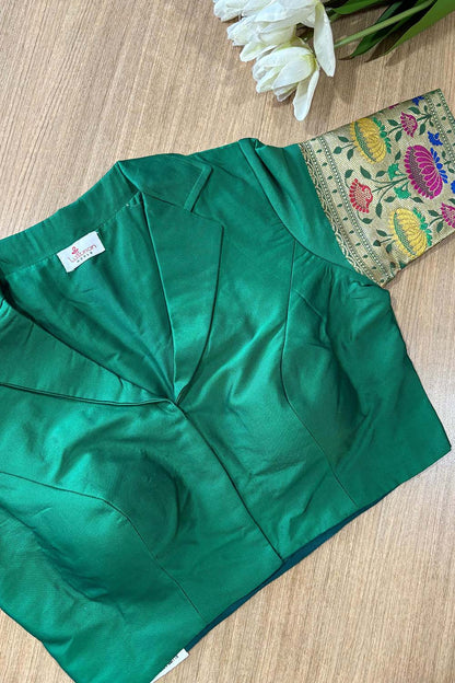 Stunning Green Plain Silk Padded Blouse With Paithani Border - Luxurion World